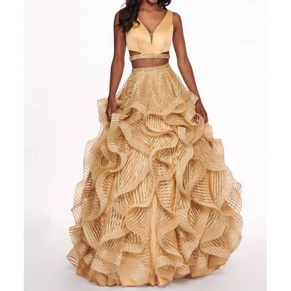 NEW RACHEL ALLAN two-piece matte satin ruffled gown in deep gold